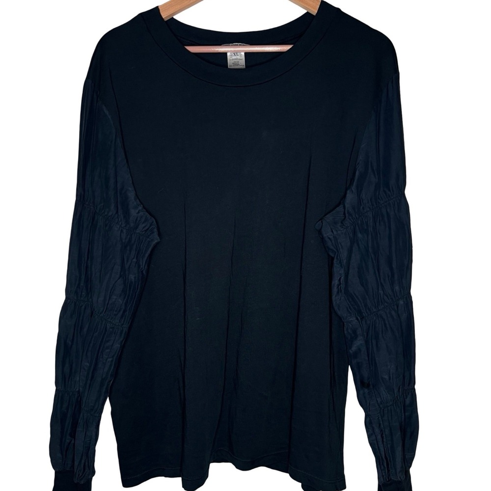 Prairie Underground Top XL Navy Silk Ruched Sleeve Cotton Lagenlook Seattle USA